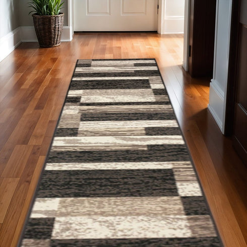 12' Black Brown And Beige Patchwork Runner Rug